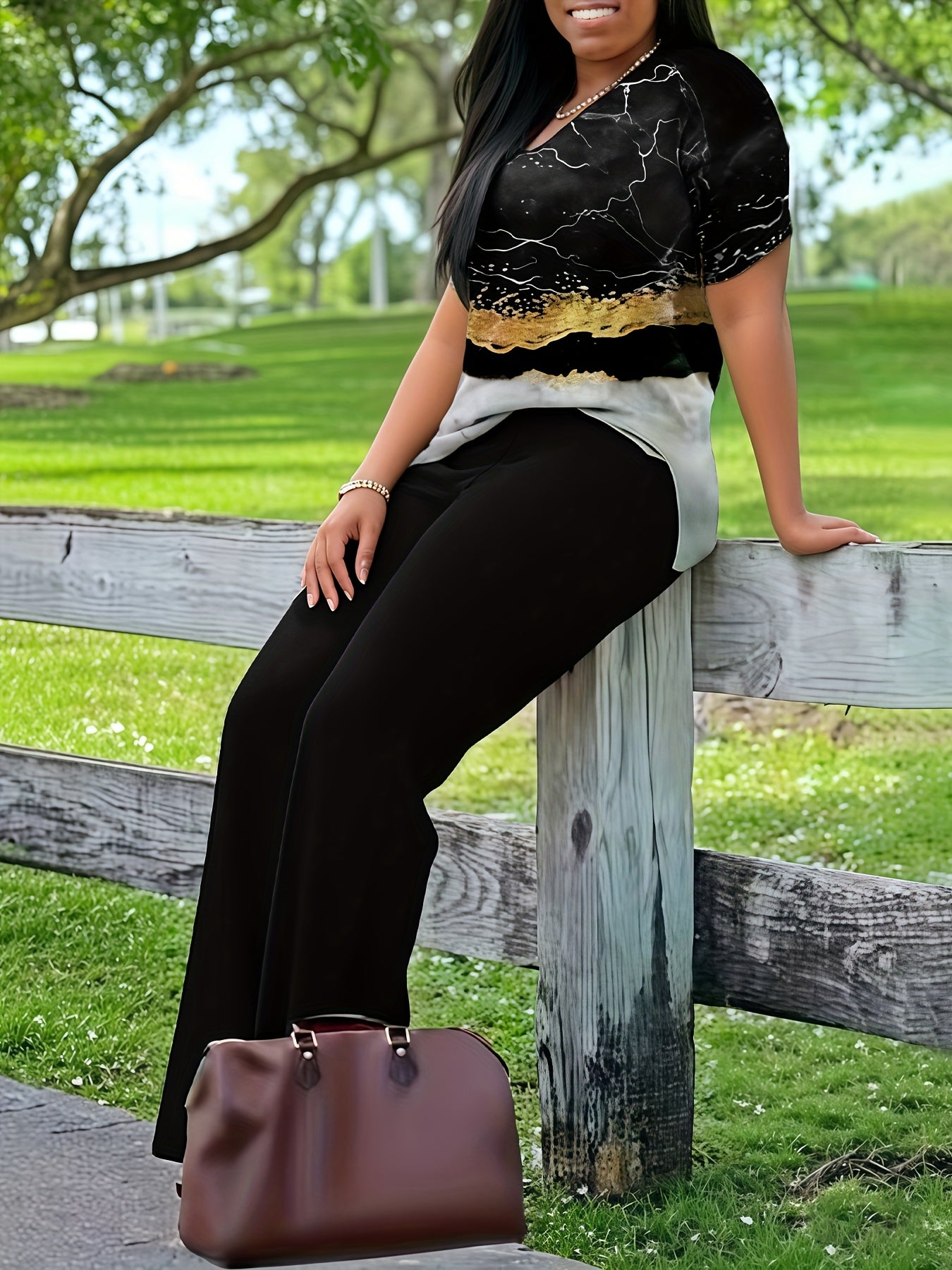 Xi Jun Bamboo Premium Casual Elegant V-Neck Printed Short Sleeve T-Shirt and Pants Two-Piece Set