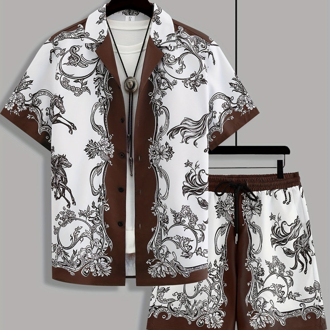 Men's Summer Suit Set: Short Sleeve Knight Print Positioning Burned Shirt with Open Collar, Drawstring Casual Shorts Pajama Two-Piece Set