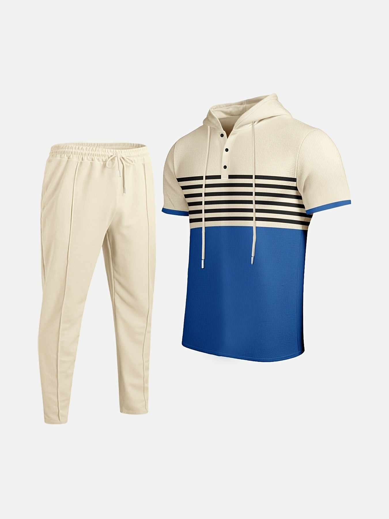 Men'S Summer Casual Sportswear Set, Striped Patchwork Short Sleeve, Polyester Material, Suitable for Leisure and Sports Outings, Fashionable and Trendy, with Drawstring Belt and Pockets, Ideal for Summer Activities, Hooded Sh