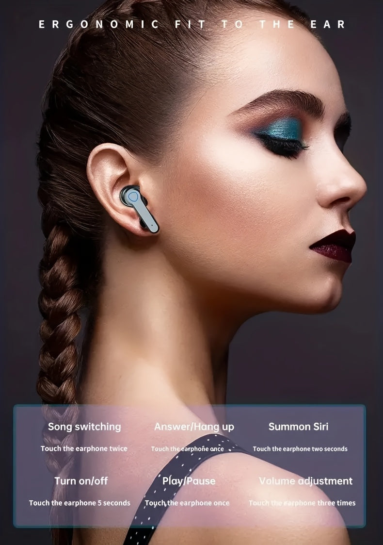 True Wireless In-Ear Headphones with LED Display, Noise Cancellation, Touch Controls, USB Charging, Lithium Battery - Rechargeable, Wireless, Volume Control, Wake-Up Motion Theater, Portable Headphone Case, Portable Headphone