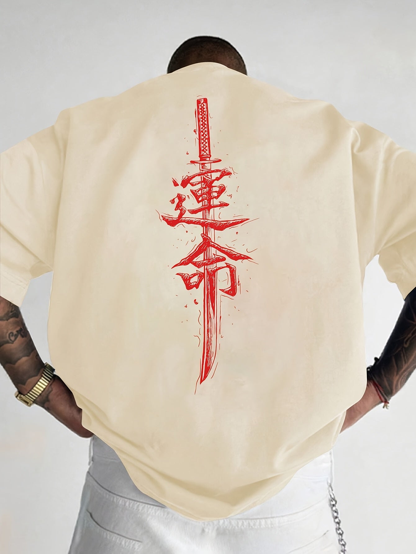Men'S Japanese Samurai Sword Graphic T-Shirt - Casual Loose Fit Crew Neck, Short Sleeve Tee with Red Stylized Japanese Katanas Design, Breathable Polyester for Spring Summer Outdoor Wear