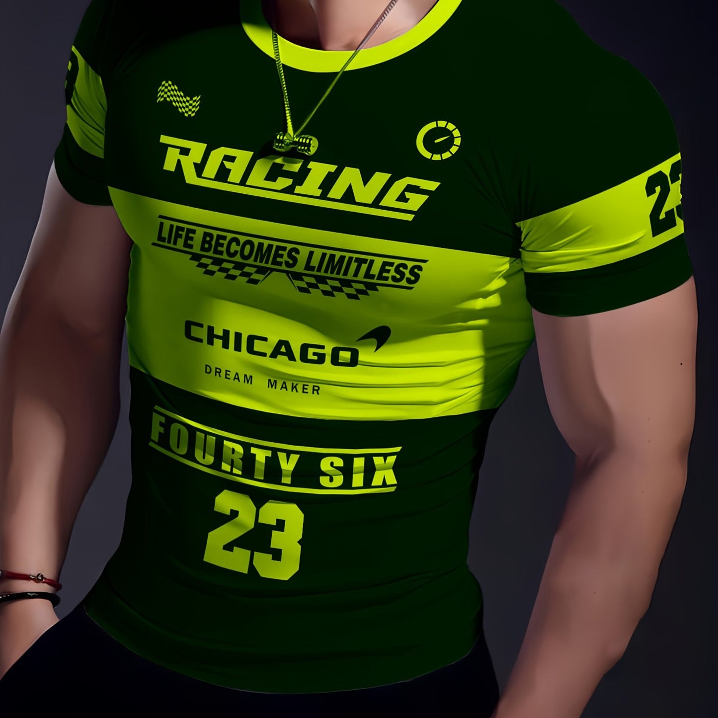 Men'S Racing Graphic T-Shirt - Bold Neon Green Black Racing Car Design, Lightweight Breathable Fabric for Motorsport Events, Casual Streetwear - Chicago Dream Maker Inspired Casual Attire, Racing Jersey, Event Apparel, Spor