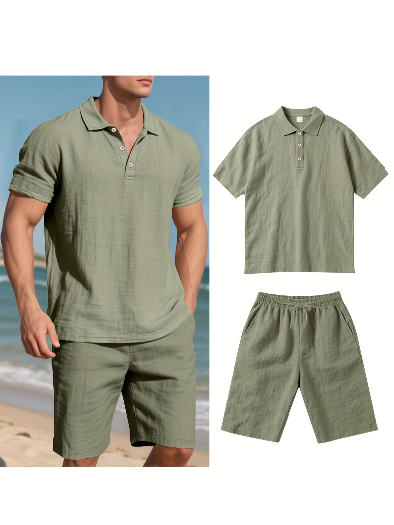 Essential for a Cool Summer! Men's Linen Shirt & Shorts Set, Comfortable Casual Outing Choice - Simple Beach Vacation Style Solid Color Linen
