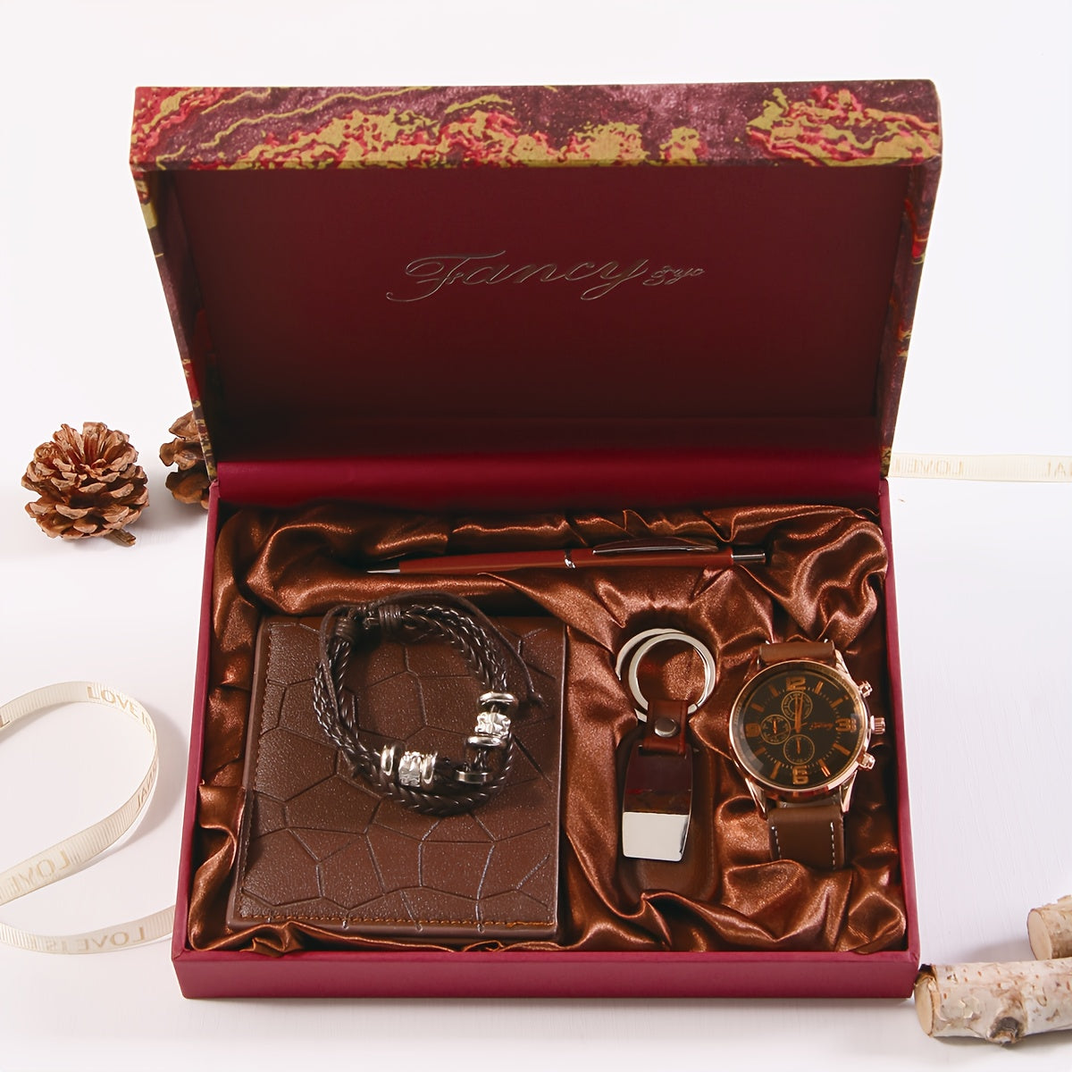 Christmas Gift Box Set of Six, Wallet + Watch + Bracelet + Keychain + Pen + Wooden Gift Box