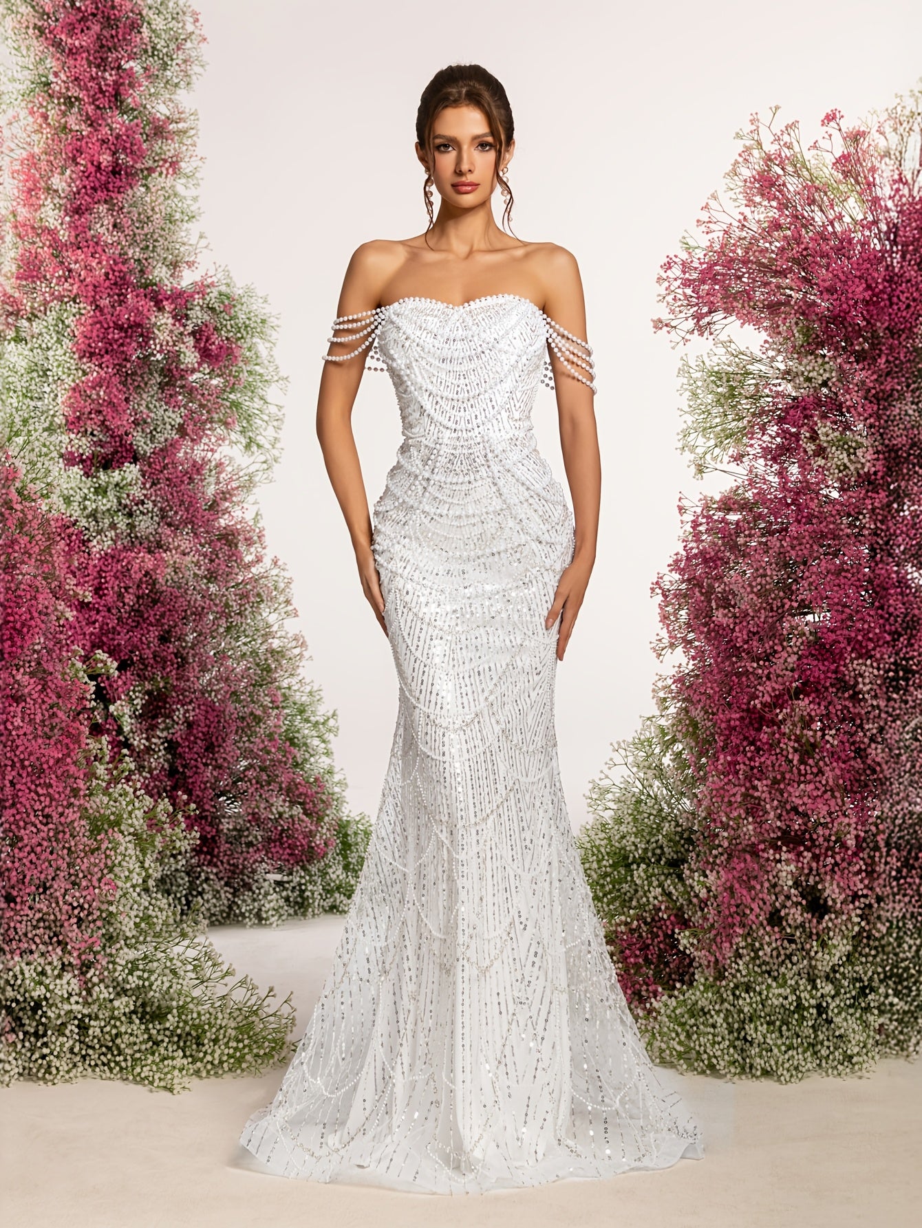Women's White Beaded Strapless Mermaid Dress with Train