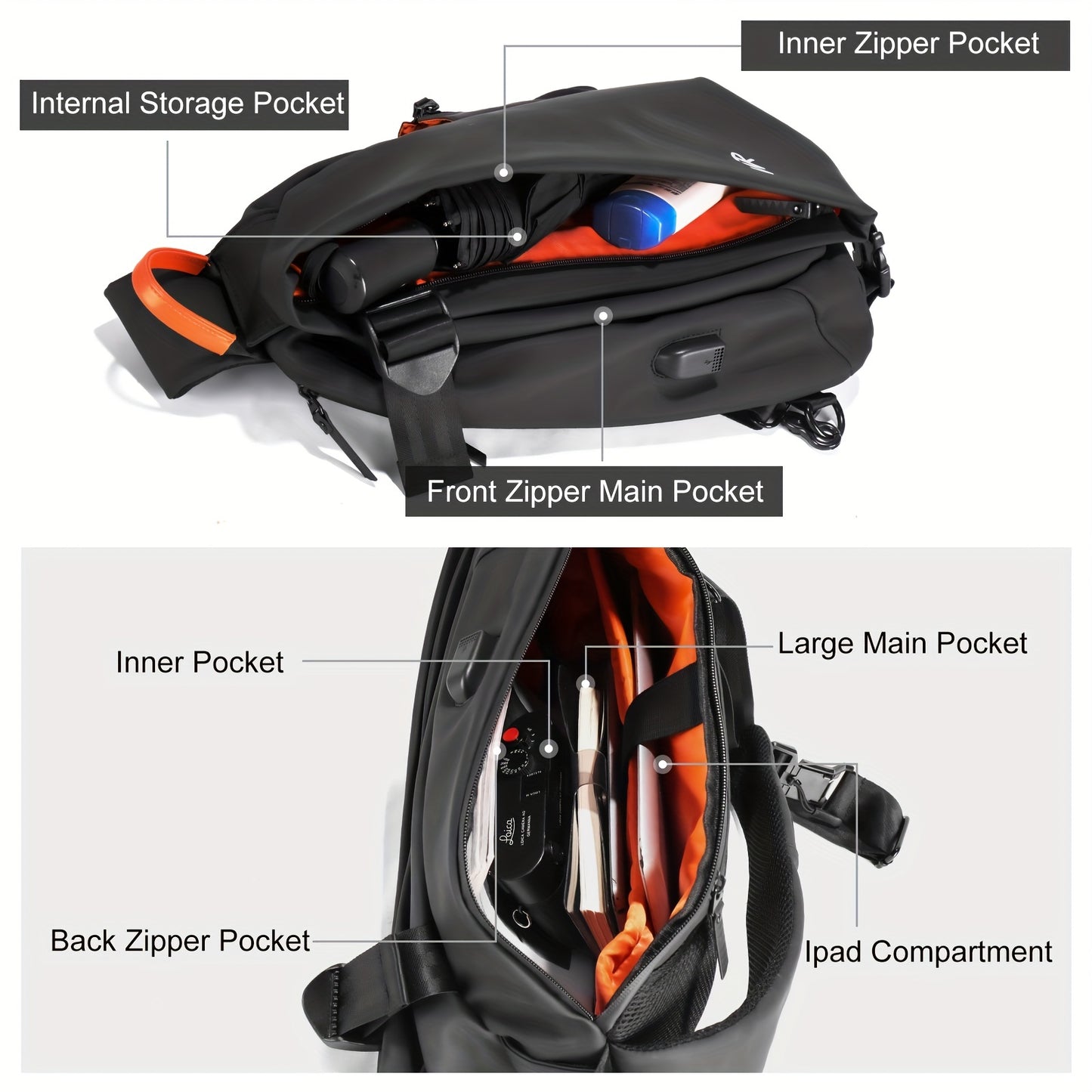 Men'S Casual Sling Bag - Trendy Black Crossbody with Adjustable Strap, Multiple Compartments for Travel, School Daily Use, Lightweight Stylish Design, Travel Bag