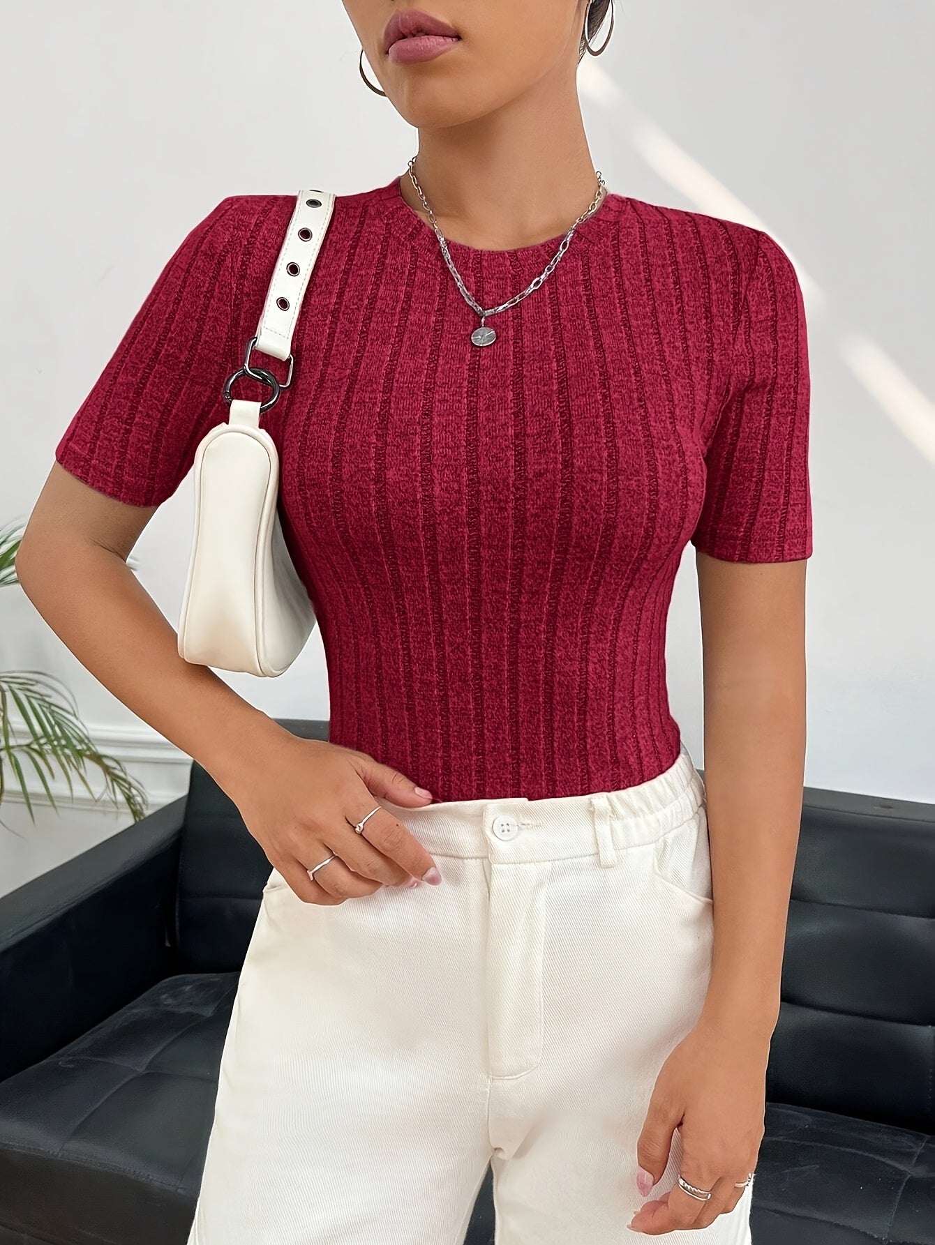 Women'S Stylish Ribbed T-Shirt - Short Sleeve, Crew Neck, Solid Color, Casual & Comfortable Fit for Casual Attire, Ladies T Shirts