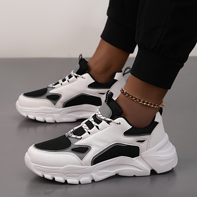 Men's Casual Athletic Sneakers, Lightweight Breathable Lace-Up EVA Sole Low-Top Sneakers, Black White Color Block