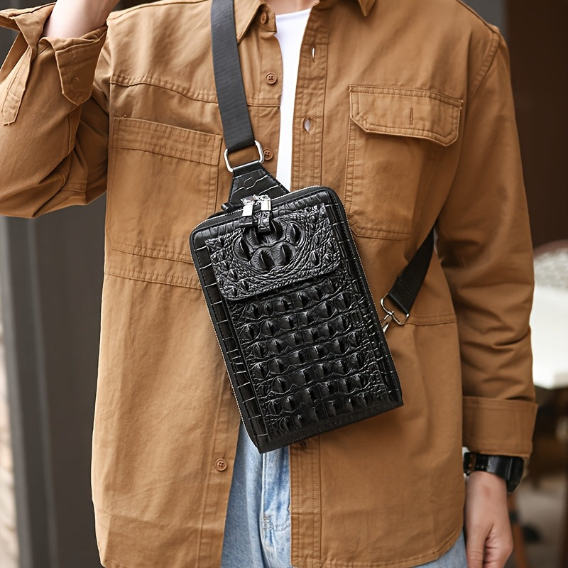 Men'S Stylish Black Crocodile Pattern Crossbody Bag - Durable, Large Capacity, Adjustable Strap, Perfect for Travel Daily Commute, Commuter Shoulder Bag Stylish Crossbody Durable Fabri