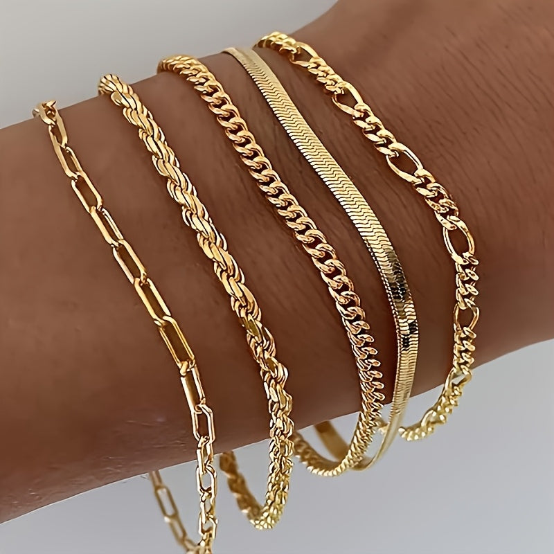 Elegant 5-Piece 18K Gold-Plated Stainless Steel Bracelet Set for Women