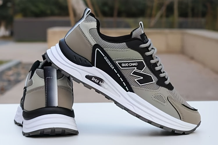 Men's Breathable Mesh Running Sneakers - Durable, Anti-Slip, Odor-Resistant Casual Shoes with Rubber Sole for Spring Fall, Low-Top Lace-Up Design in White, Black Green