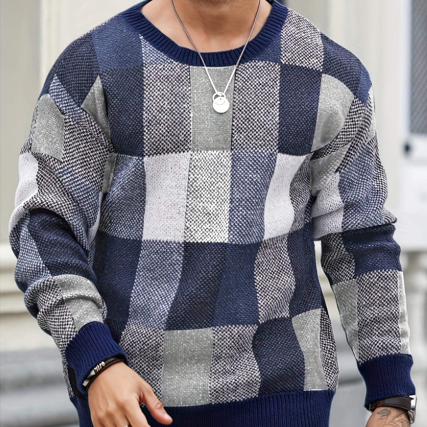 Men'S Casual Plaid Crew Neck Knit Sweater | Loose Fit, Long Sleeve, Fashionable Color Block Design, Suitable for Fall/Winter