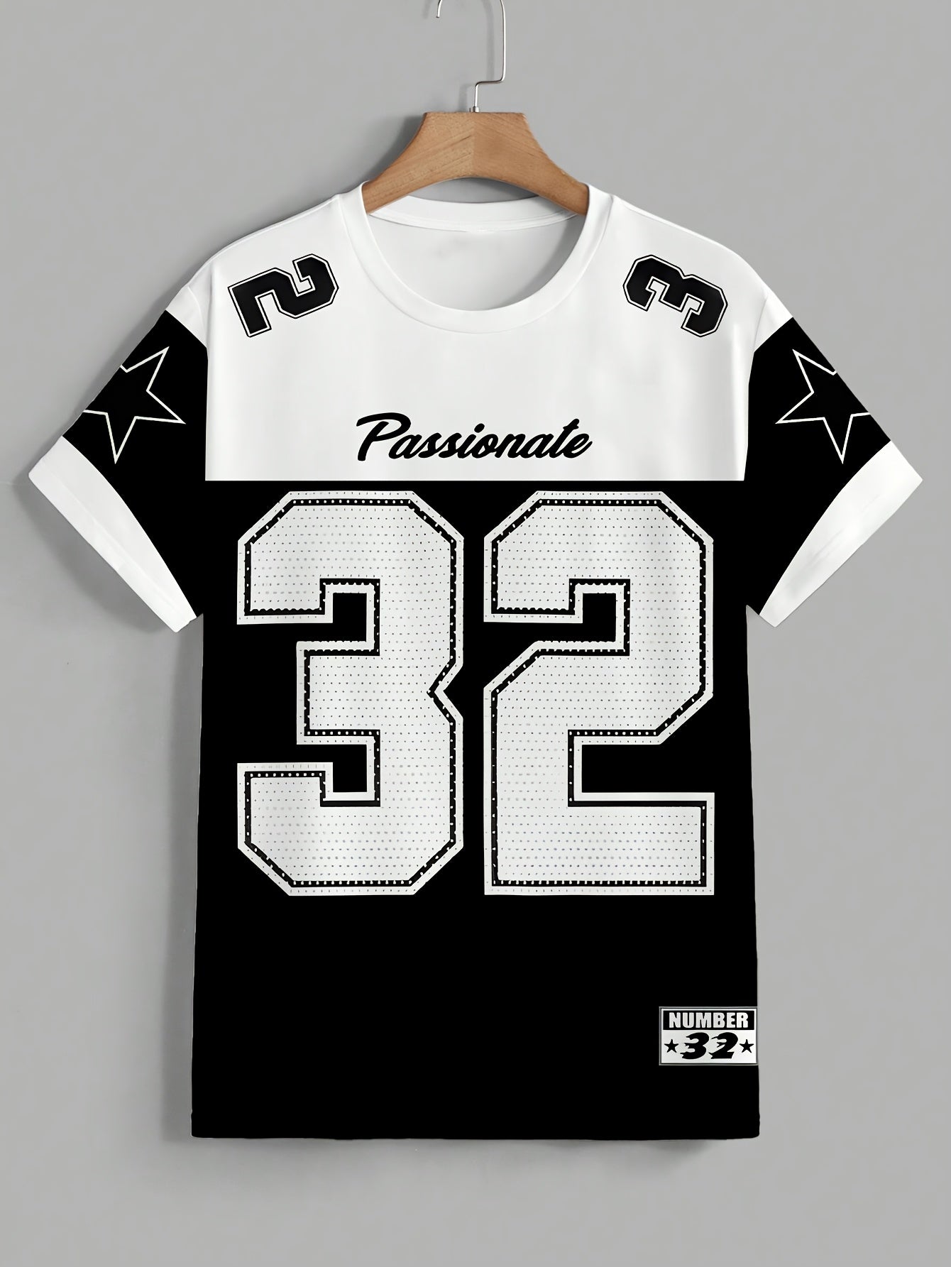 Men'S Summer Casual Crew Neck T-Shirt - Short Sleeve, Print Number 32 Design, White Black Contrast, Regular Fit Casual Top for Casual Attire, Leisure Clothing Contrast Color Top Comfortable Fit