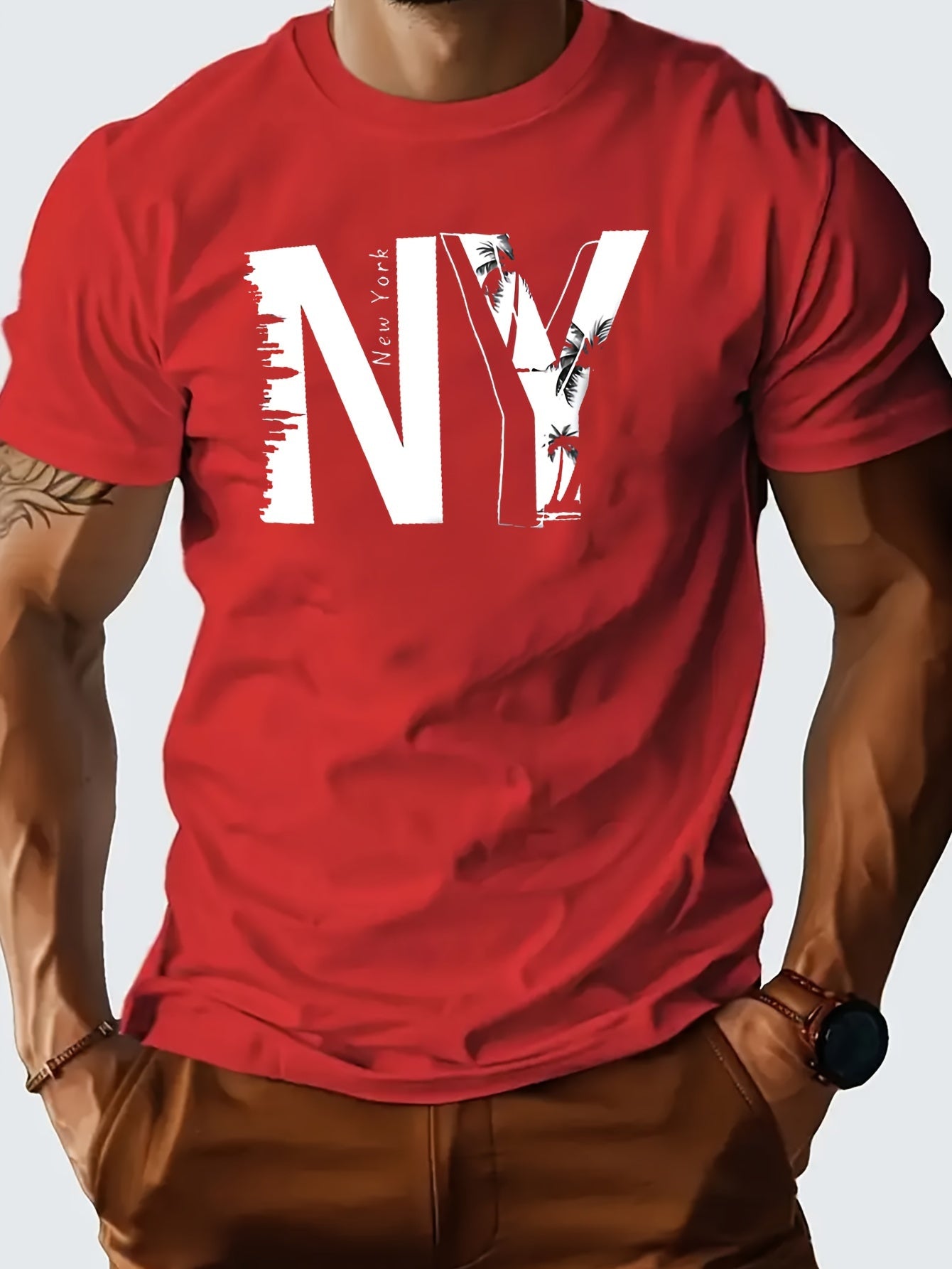 1pc Men'S Casual Cotton Blend T-Shirt with Letter Print, Round Neck, Regular Fit for Summer - Black, Navy, Red