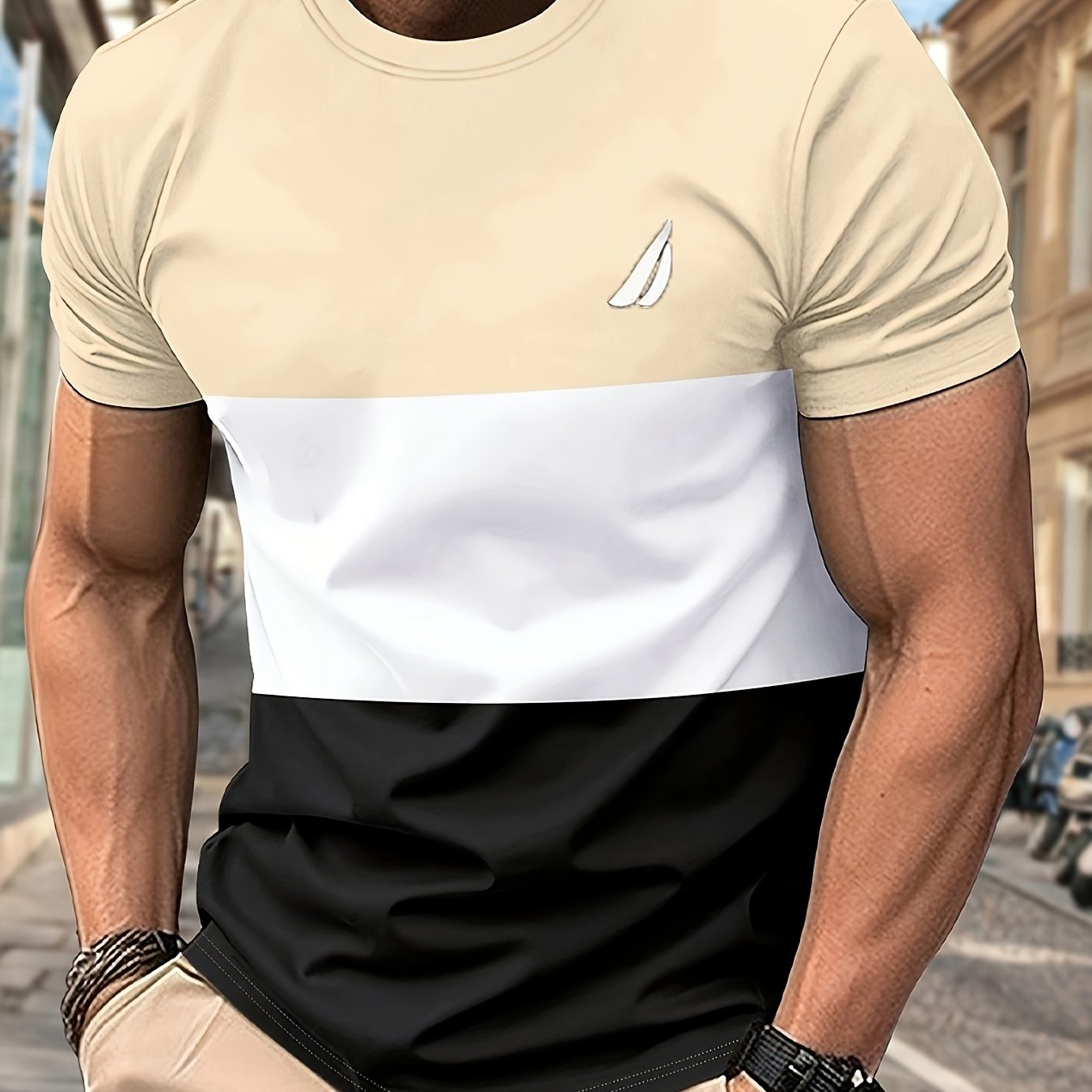 Men's Round Neck T-Shirt, Three-Color Patchwork Top with Asymmetric Double Stripes, Trendy Comfortable Breathable High-Quality Factory-Made Casual Fit