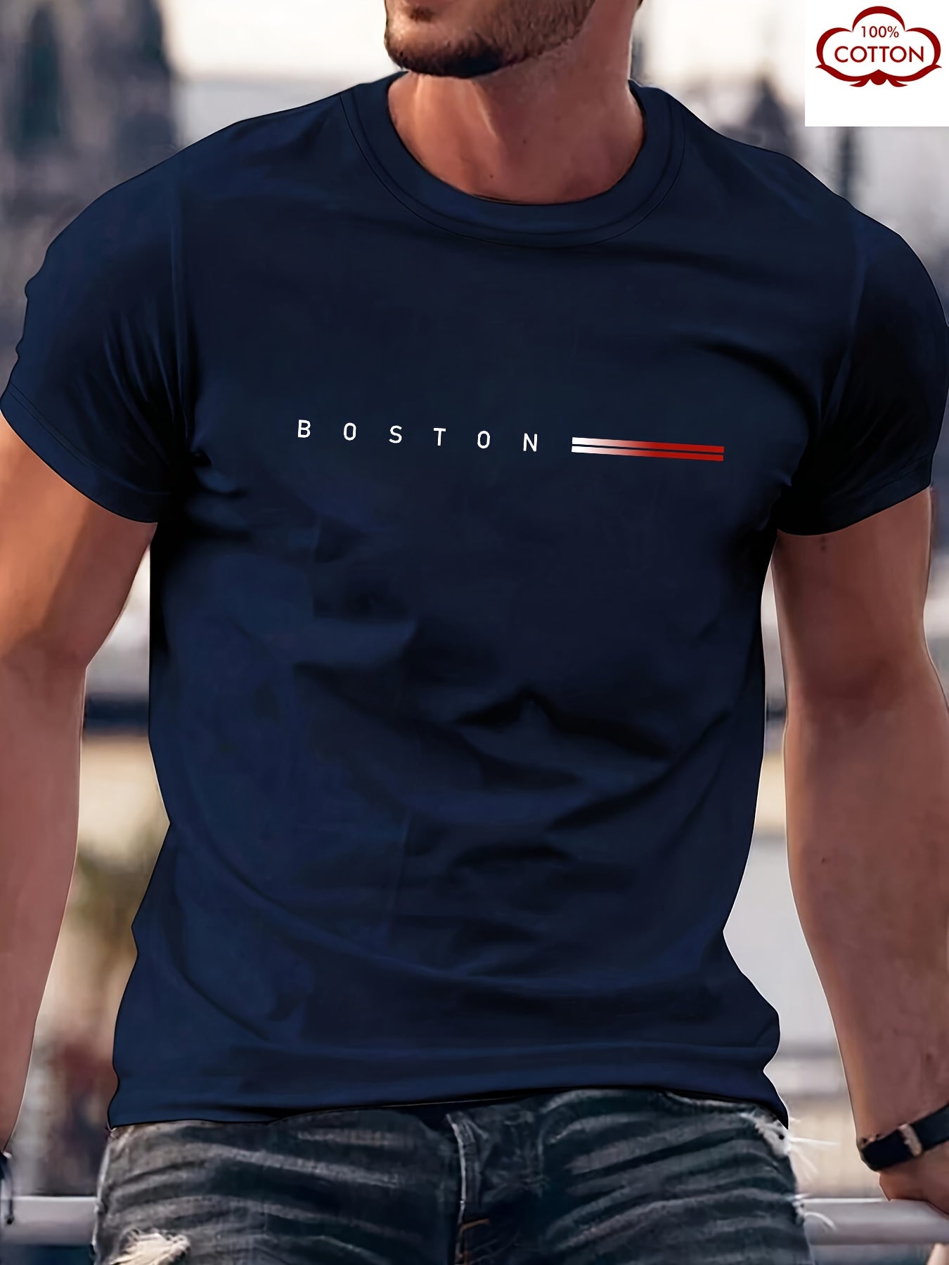 Men's Heavyweight 180gsm Cotton T-Shirt - Dark Gray Crew Neck Tee with Bold "Boston" Print, All-Season Everyday Formal Shirt for Men - Machine Washable Luxury Casual Top, Versatile Clothing, Modern Design, Premium Fabric, S
