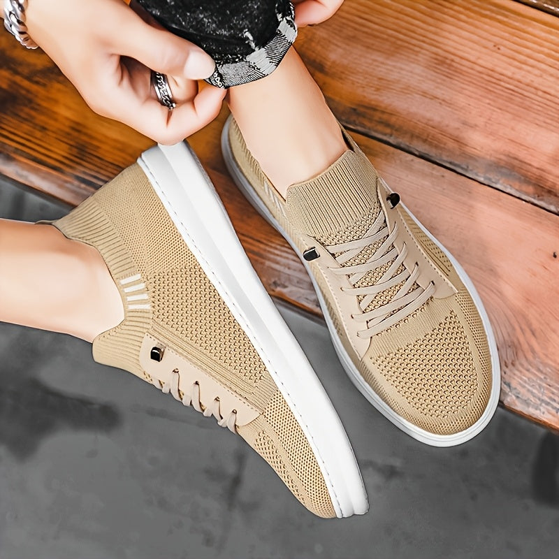 Men'S Breathable Knit Mesh Running Shoes - Anti-Odor Casual Sneakers with Soft EVA Sole, Round Toe Design Low-Top Lace-Up for Jogging, Hiking, Outdoor Daily Wear - Khaki/Black/Gray, Jogging Shoes