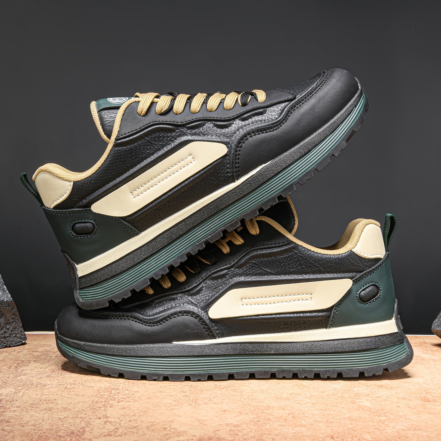 Men'S Breathable Lace-Up Sneakers - Color Block Design, Thick Sole, Casual Athletic Shoes for Casual Attire, Low-Top Style, Lace-Up Closure, PVC Sole, Fabric Inner, Round Toe, Faux Upper, Available in Black, Gray, Blue, Green