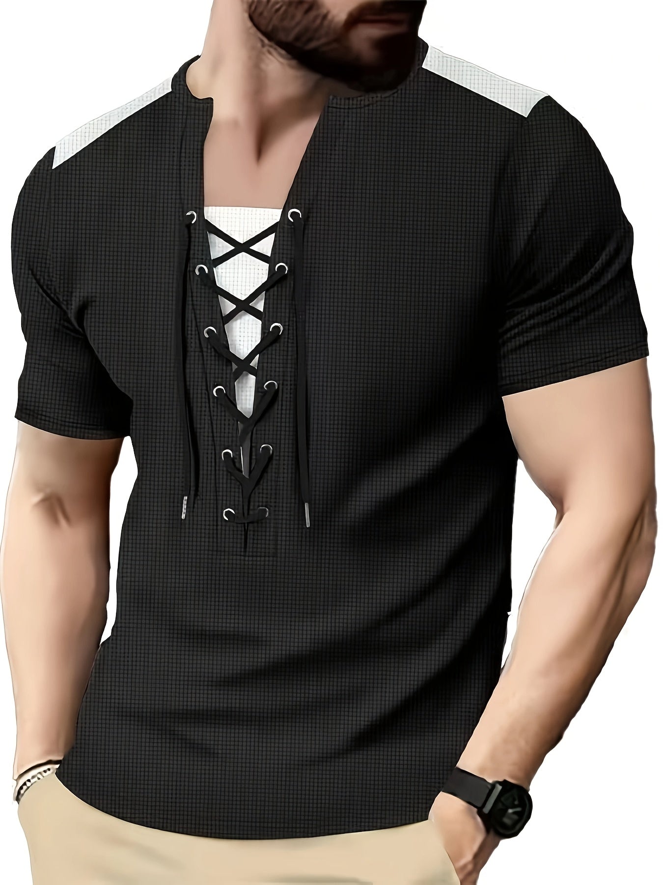 Men'S Casual Waffle Knit Short Sleeve T-Shirt with Drawstring Detail - Maroon Black, Round Neck, Breathable Polyester Fabric for Summer Outings, Casual Weekend Wear Round Neck Tee Stylish Contrast Stitchin