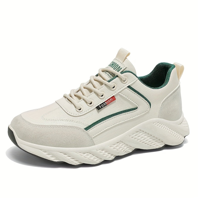 Men's Versatile Casual Sneakers - White Green Low-Top Lace-Up Shoes with Rubber Sole, Comfortable for Casual Attire and Athletic Activities