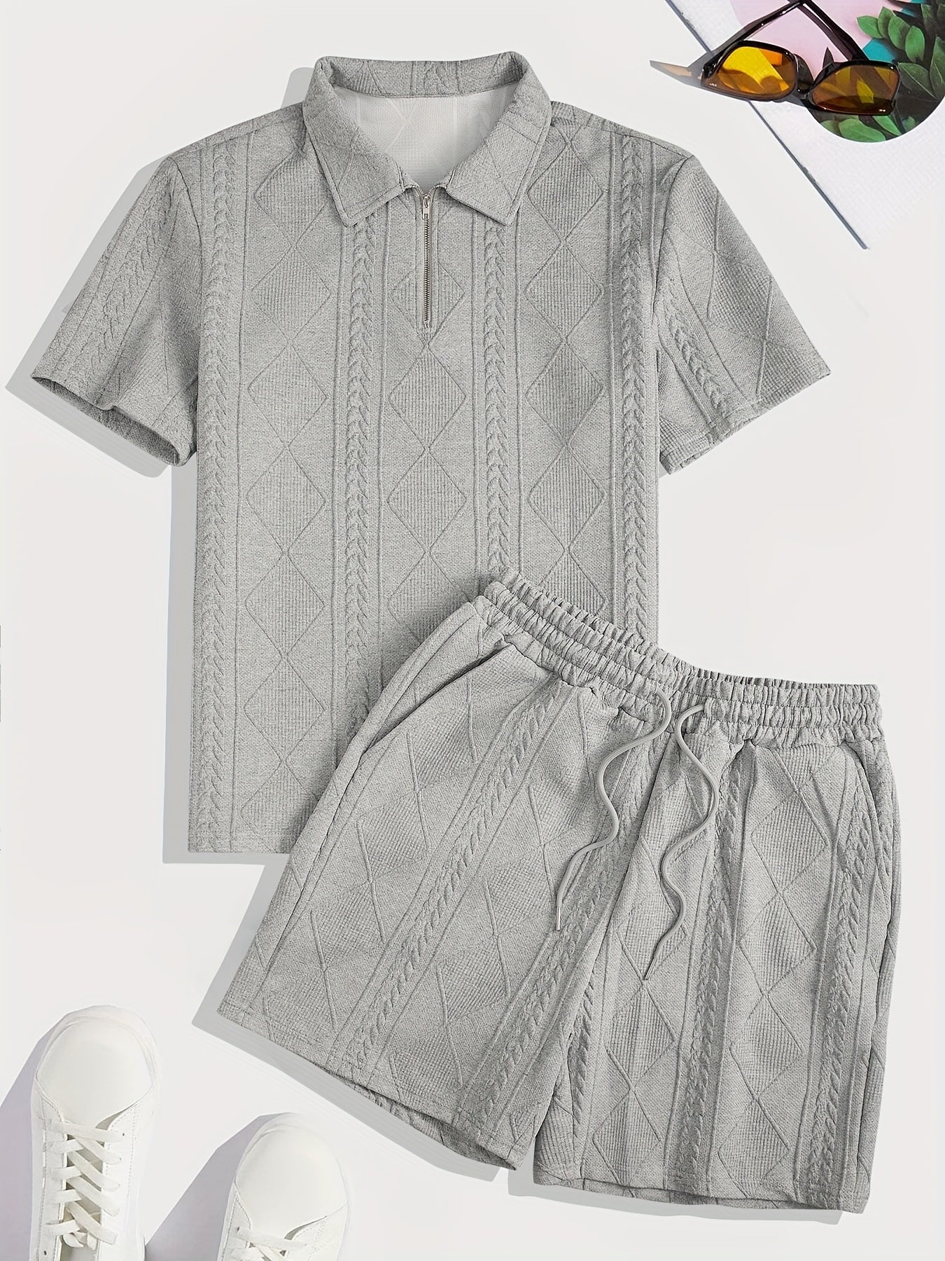 Men's Suit Short Sleeve Shorts Jacquard Casual Zipper Fashion Summer Outerwear Two Piece Set