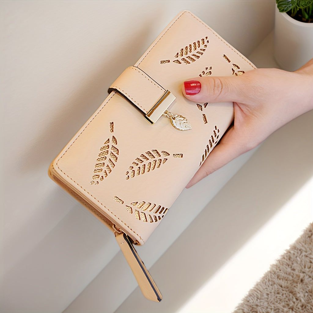Perfect Christmas Gift for Her: Elegant Women's Long Wallet with Hollow Leaf Pattern & Gold Metal Pendant, Detachable ID Window, Zipper Coin Purse, Multiple Card Slots - Stylish PU Clutch in Khaki, Blue, Black, Brown, Pink