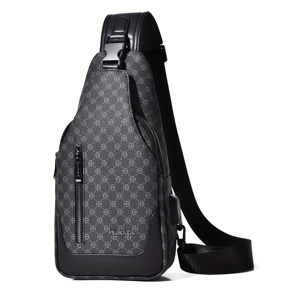 HUABUPS Men'S Crossbody Backpack - Black PVC Business Commuter Bag with USB Charging, Adjustable Strap, Multiple Compartments Durable Design for Travel, Hiking, Daily Use - Ideal Gift for Men, Hiking Gear, Stylish Accessory
