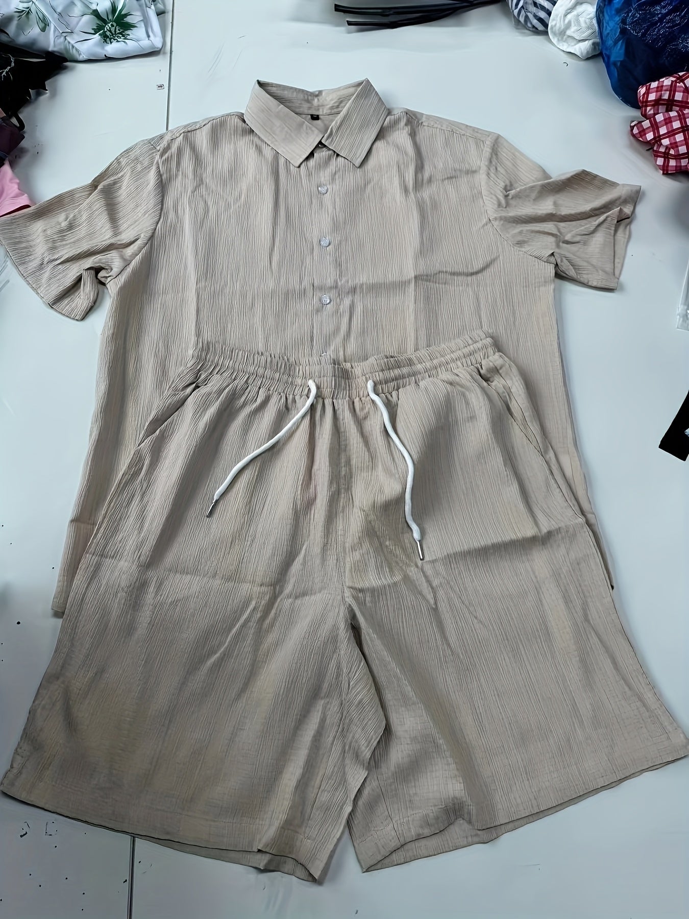 1085 Men's Solid Color Short Sleeve Button- Shirt and Shorts Casual Two-Piece Set
