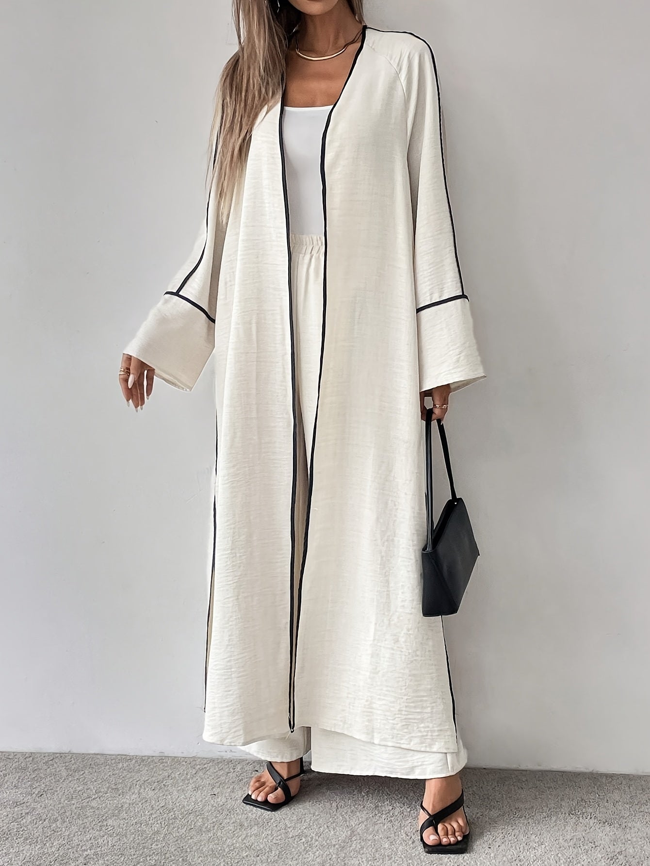 Women'S Elegant Fashion Work Casual Two-Piece Set - Long Sleeve Cardigan with Color Block Detail and Wide-Leg Pants, Loose Fit, All-Season Wear, Stylish Work Attire|Casual Style|Color Block Detail