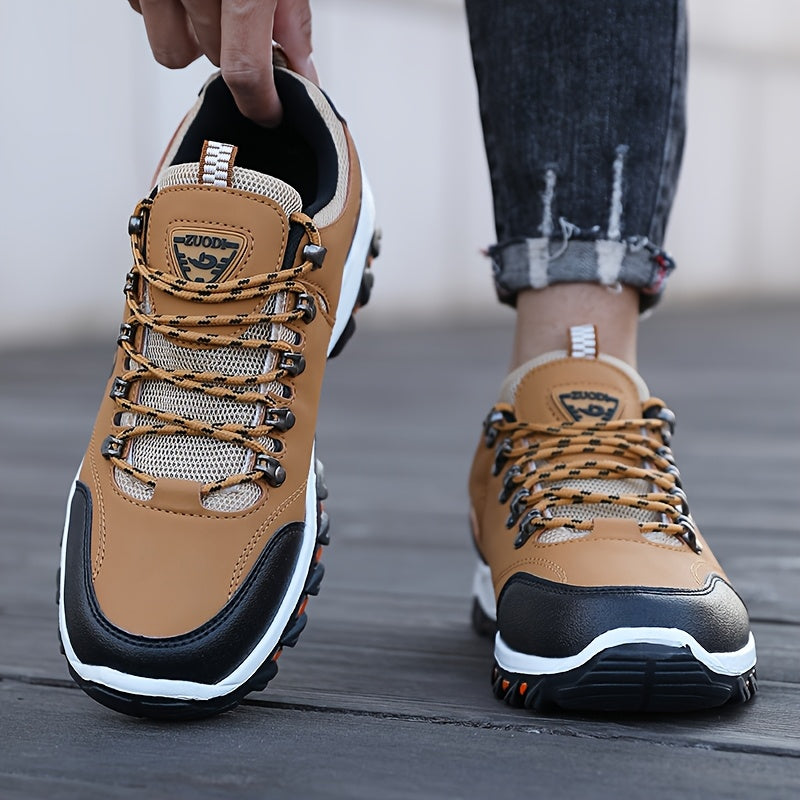 Men's Low-Top Lace-Up Outdoor Hiking Shoes, Durable Non-Slip Rubber Sole All-Season Sports Footwear with Plain Toe, PU Upper, Fabric Inner & Insole for Camping, Climbing - Black with Orange Accents, Allseason Sports Shoes | C