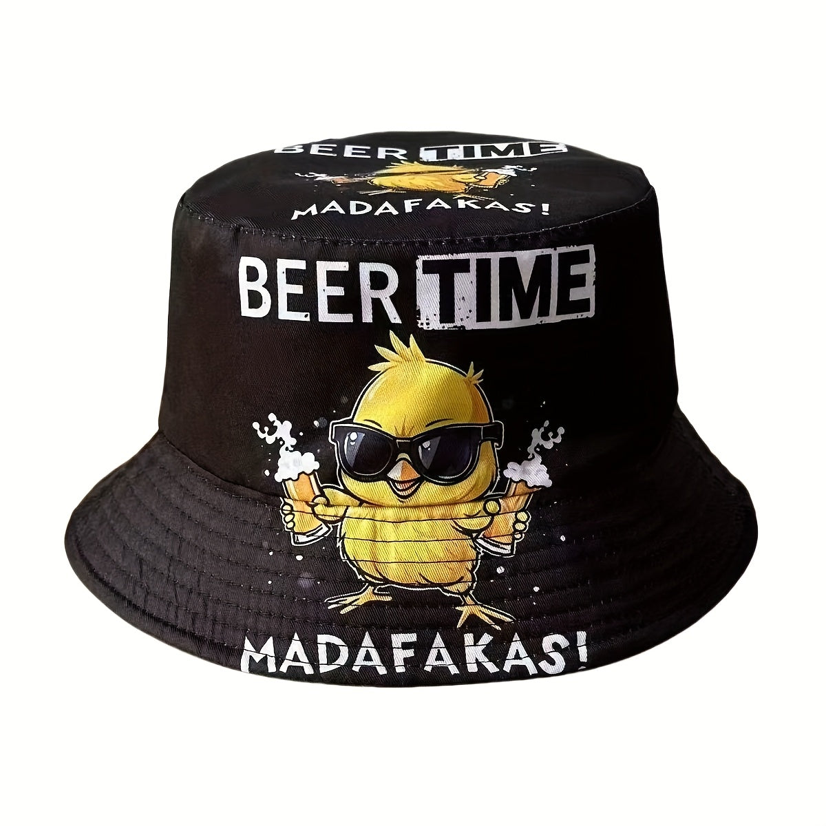 1pc Summer New Arrival Beer Time Duck Print Reversible Bucket Hat - Fun Beach & Streetwear, Sun Protection, Lightweight Polyester, Black with Colorful Graphics, Reversible Fashion | Street Style Hat | Woven Texture