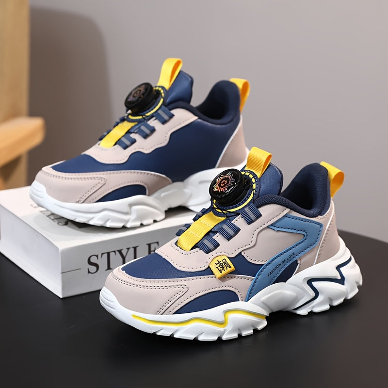 Boys' Fashion Sneakers with Striped Design - Casual Sports Running Shoes with Rotary Buckle Closure, Low Top PU Upper, Fabric Lining, EVA Sole, All-Season Comfort for Daily Wear - Tassel Detail, Round Toe for Ages 14 and Unde