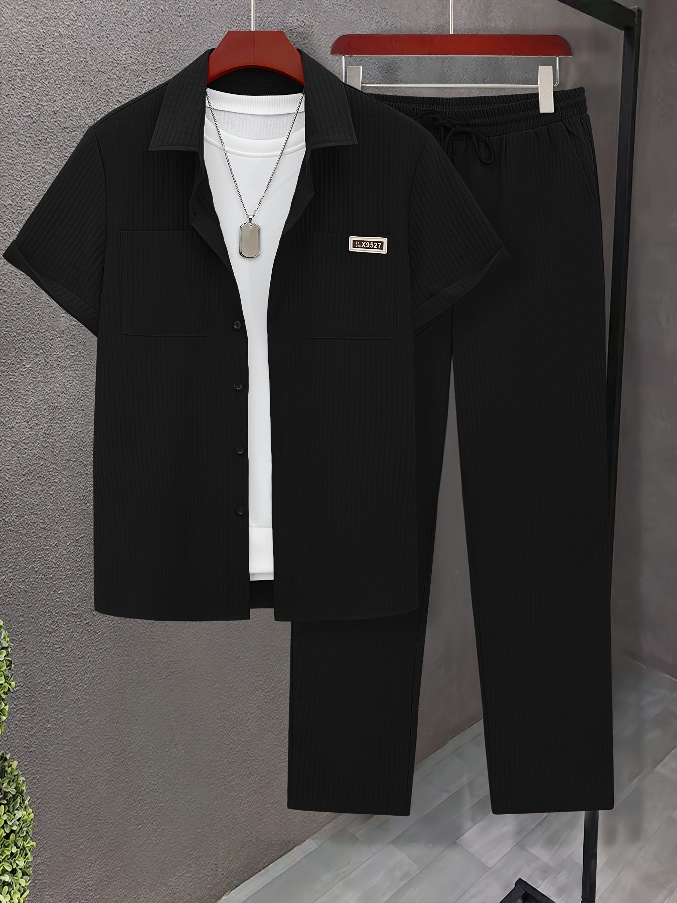 Summer Men'S Casual Bread Pattern Texture Short Sleeve Long Pants Shirt Set, 100% Polyester, Double Pocket Shirt, Turnover Woven Top Can Be Machine Washed and Dry Cleaned