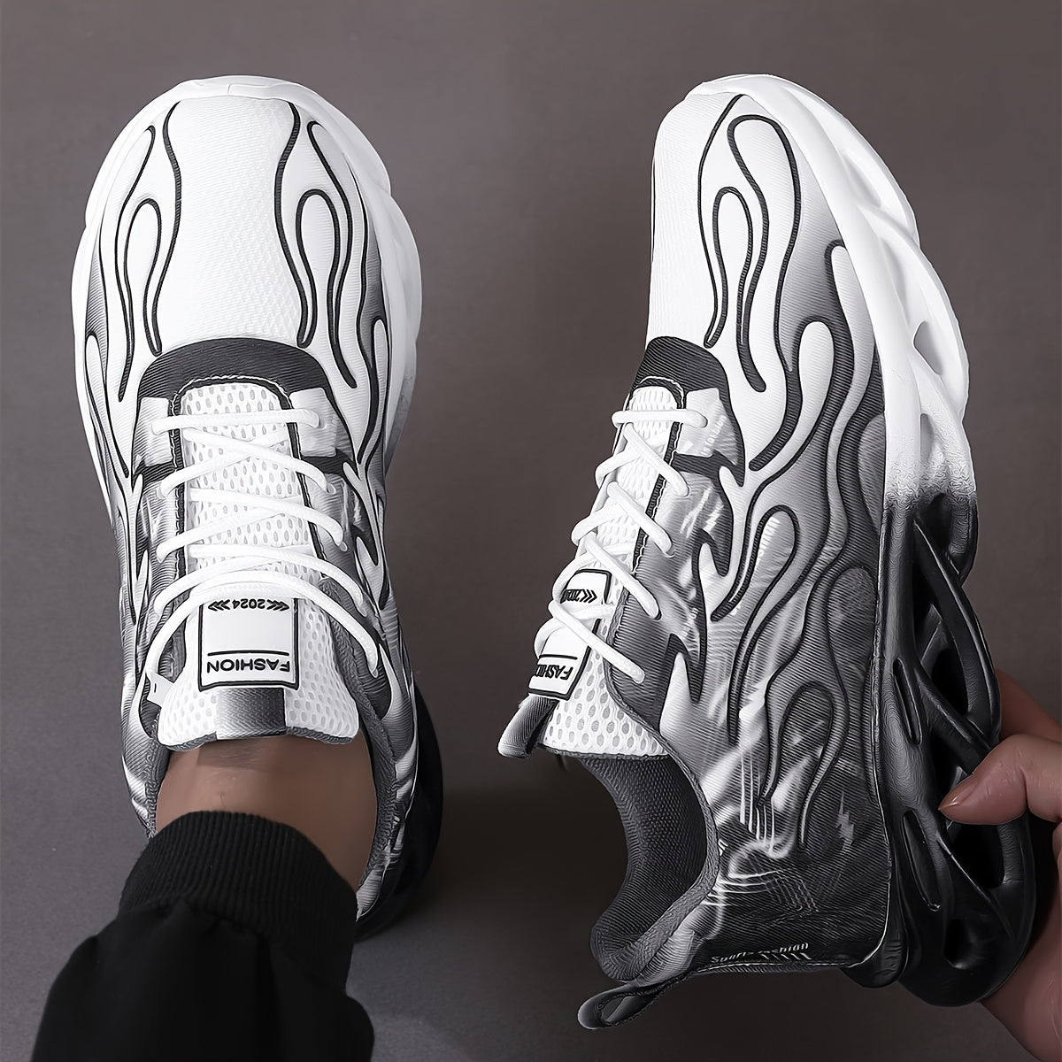 Trendy Black White Gradient Sneakers - Breathable Mesh, Thick Sole for Height Boost, Fashion Athletic Casual Running Shoes with Flame Design, Perfect for Students Casual Attire, High Top Sneakers