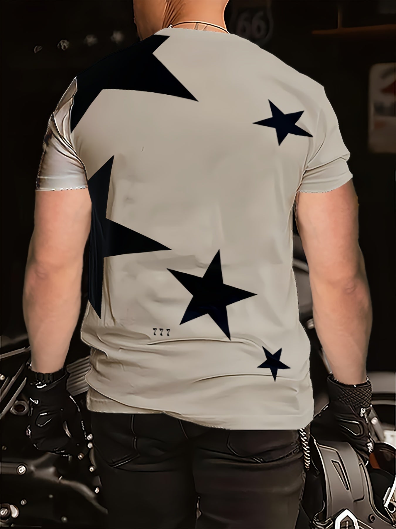 3D Print Streetwear Graphic Tee - Casual Short Sleeve Crew Neck, Black White Star Design with Bold "19.74meter Print, Lightweight Polyester Blend for Casual Attire, Streetwear Fashion Bold Graphic Tee Stretchy Fabric