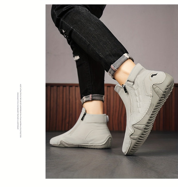 Men'S High-top Casual Shoes With Anti-slip, Comfortable, Outdoor, Fashionable, Plus Size, Business, Hand-stitched, Zipper, Cro, Lace-up.