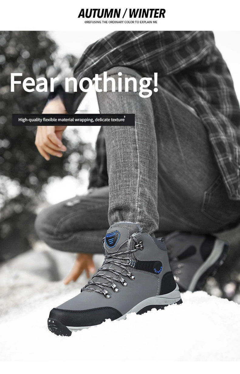 Men'S Winter Snow Warm Hiking Boots, Plush Ankle Boots, Lace-Up Outdoor Trend Style, Suitable for Hiking on Snowy Ground