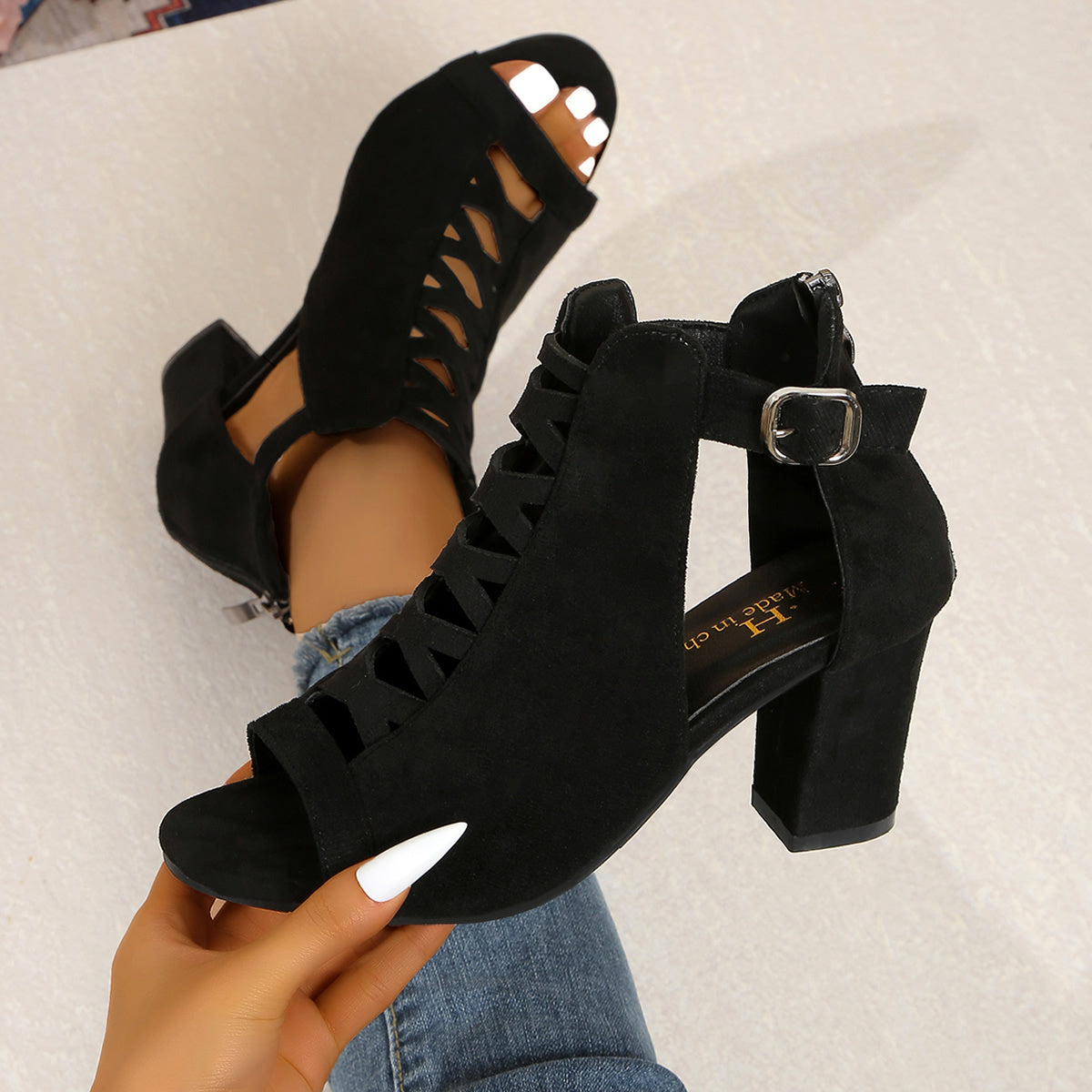 Women'S High-Top Block Heel Sandals - Stylish Black Open-Toe with Ankle Strap, Zipper Closure, and Cut-Out Design, Perfect for Casual or Formal Occasions, Casual Footwear High Heel Sandals Rubber Sole Sandals