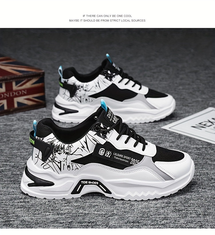 Men's Stylish Platform Sneakers with Wave Pattern - Comfortable, Non-Slip Durable for Outdoor, Campus Walks Travel Lace-Up, Breathable Design, for Autumn, Spring