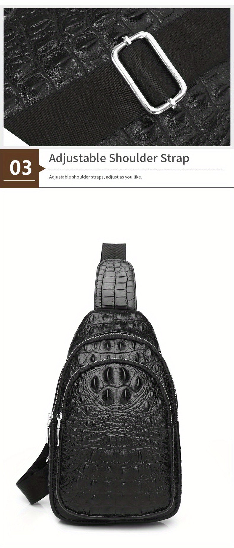 SCHLATUM Genuine Leather Crocodile Pattern Sling Bag - Black, Large-Capacity Multifunctional Crossbody Backpack for Travel, Sports Camping, Stylish Zipper Closure Design