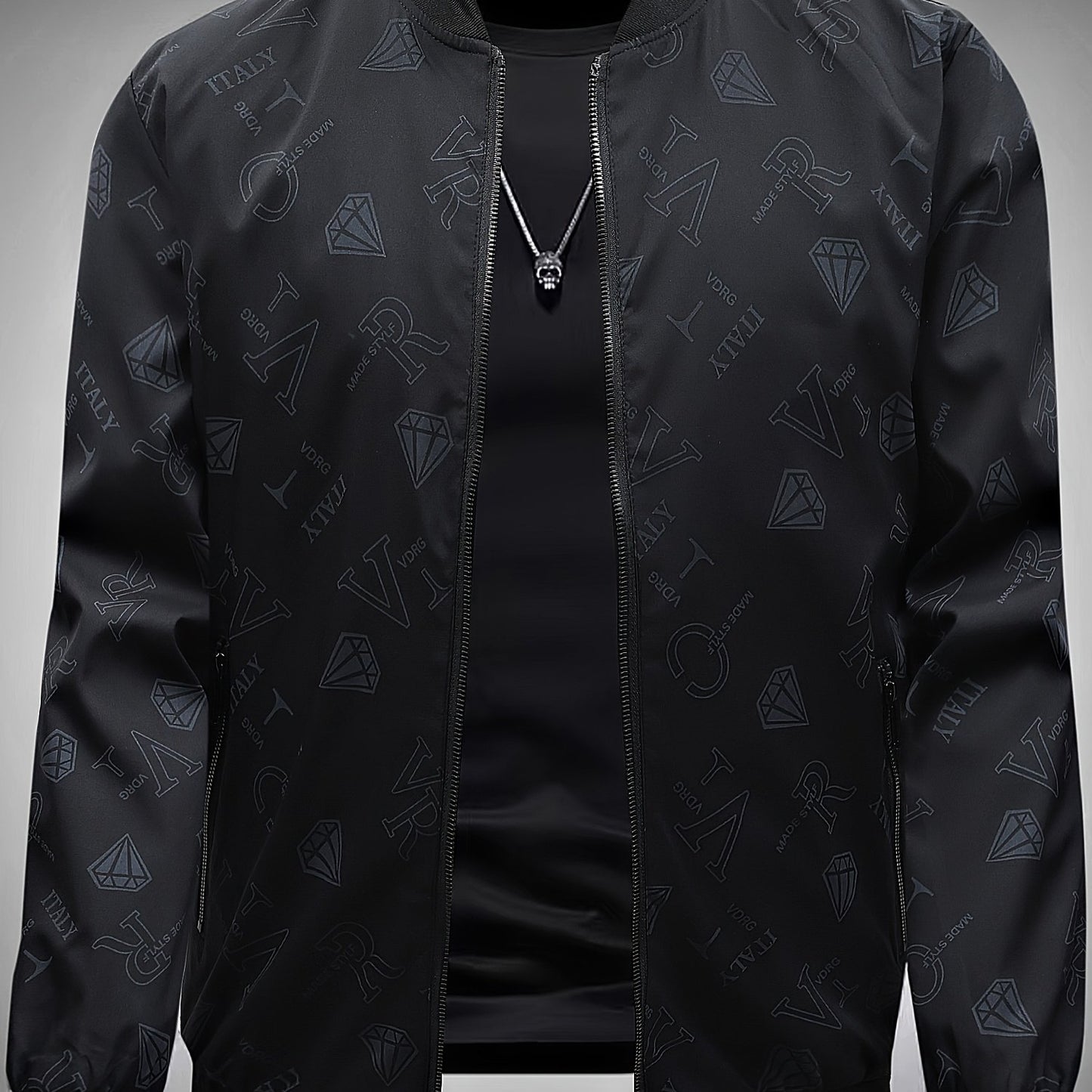 Men's Fashion Bomber Jacket Spring/Fall Collection, Casual Alphabet Print Polyester Jacket with Zipper, Baseball Collar, Long Sleeve, Regular Fit, Non-Stretch Woven Fabric, Casual Outfit with Pocket