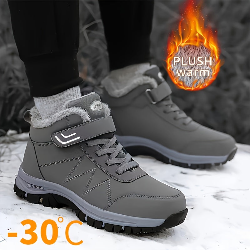 Men's Plush-Lined Winter Snow Boots - Durable, Non-Slip Traction Sole with Hook & Loop Fastener, Comfortable Fabric Lining for Outdoor Hiking and Casual Wear, Winter Boots
