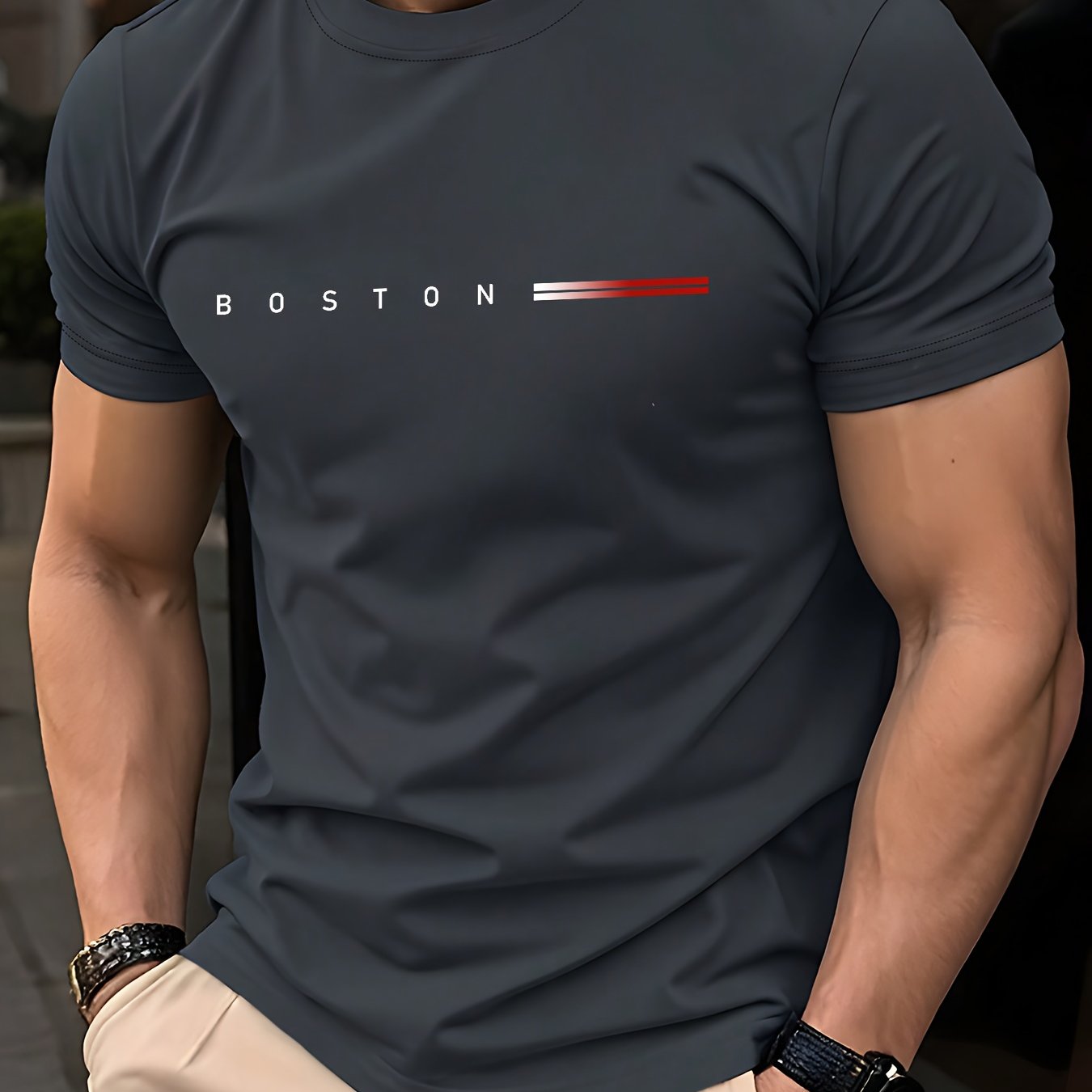 Men's Heavyweight 180gsm Cotton T-Shirt - Dark Gray Crew Neck Tee with Bold "Boston" Print, All-Season Everyday Formal Shirt for Men - Machine Washable Luxury Casual Top, Versatile Clothing, Modern Design, Premium Fabric, S