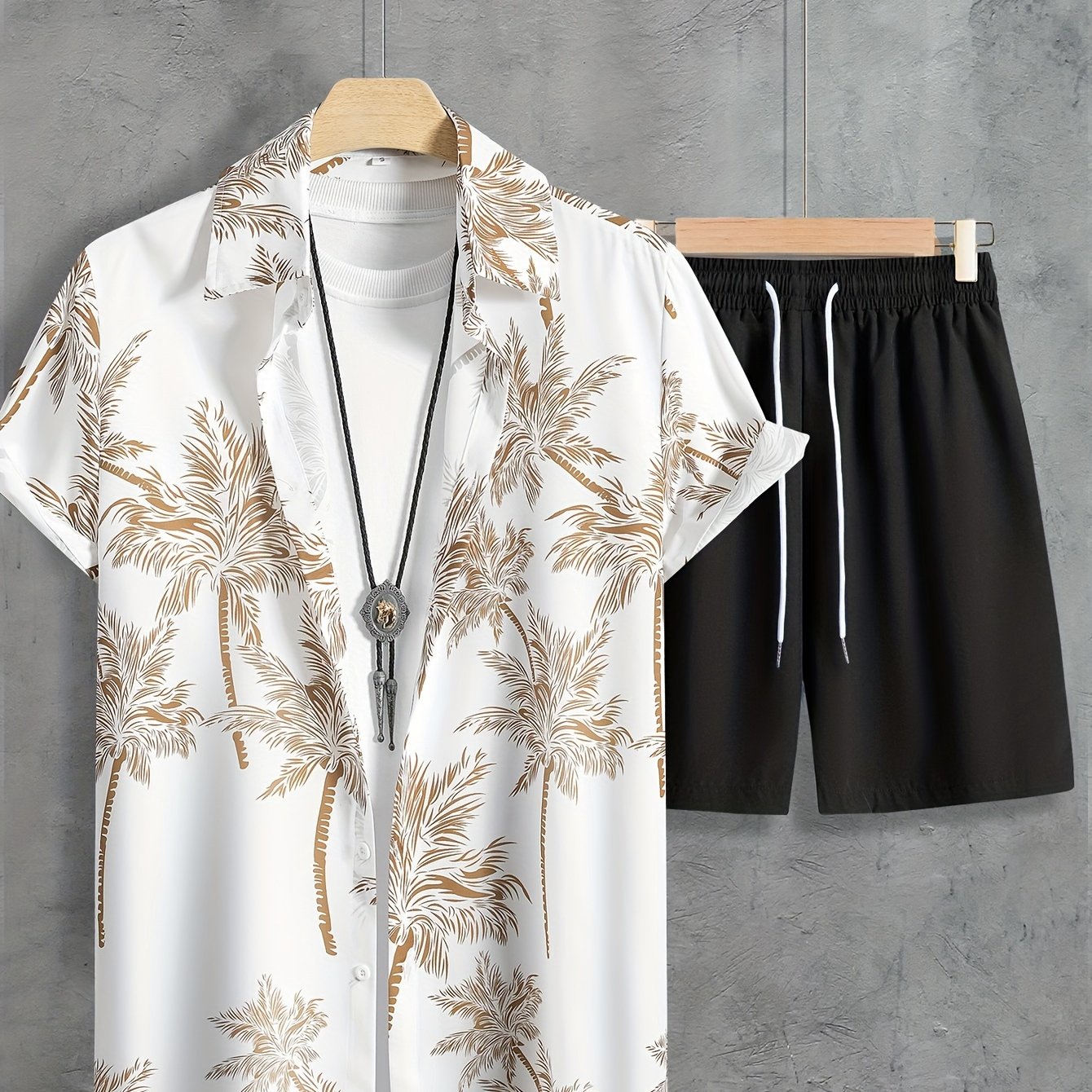 Coconut Tree Print, Men's 2Pcs Outfits, Casual Camp Collar Lapel Button Up Short Sleeve Shirts Hawaii Shirt And Drawstring Shorts Set For Summer, Men's Clothing