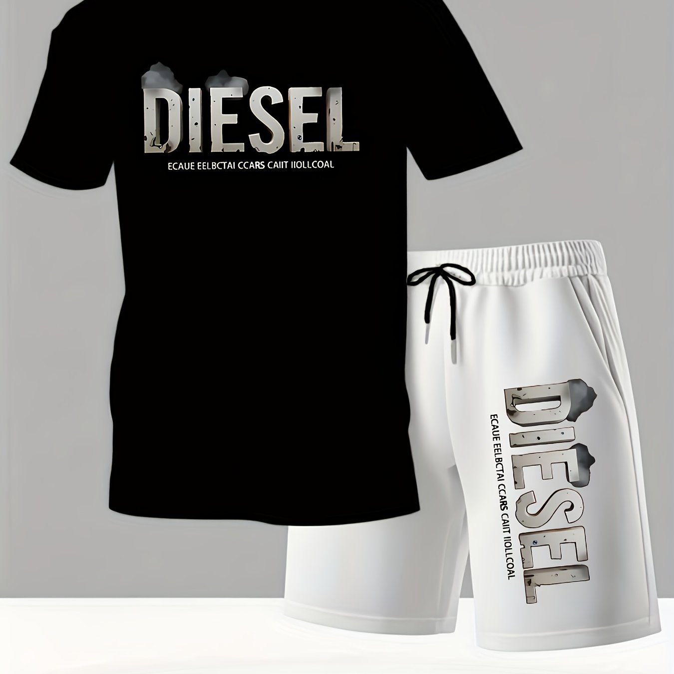 Summer Men'S Casual Sports Short Sleeve T-Shirt and Shorts Set, Comfortable Breathable, Suitable for Outdoor Jogging Running Fitness, Diesel Letter Print Design - 2pcs Set