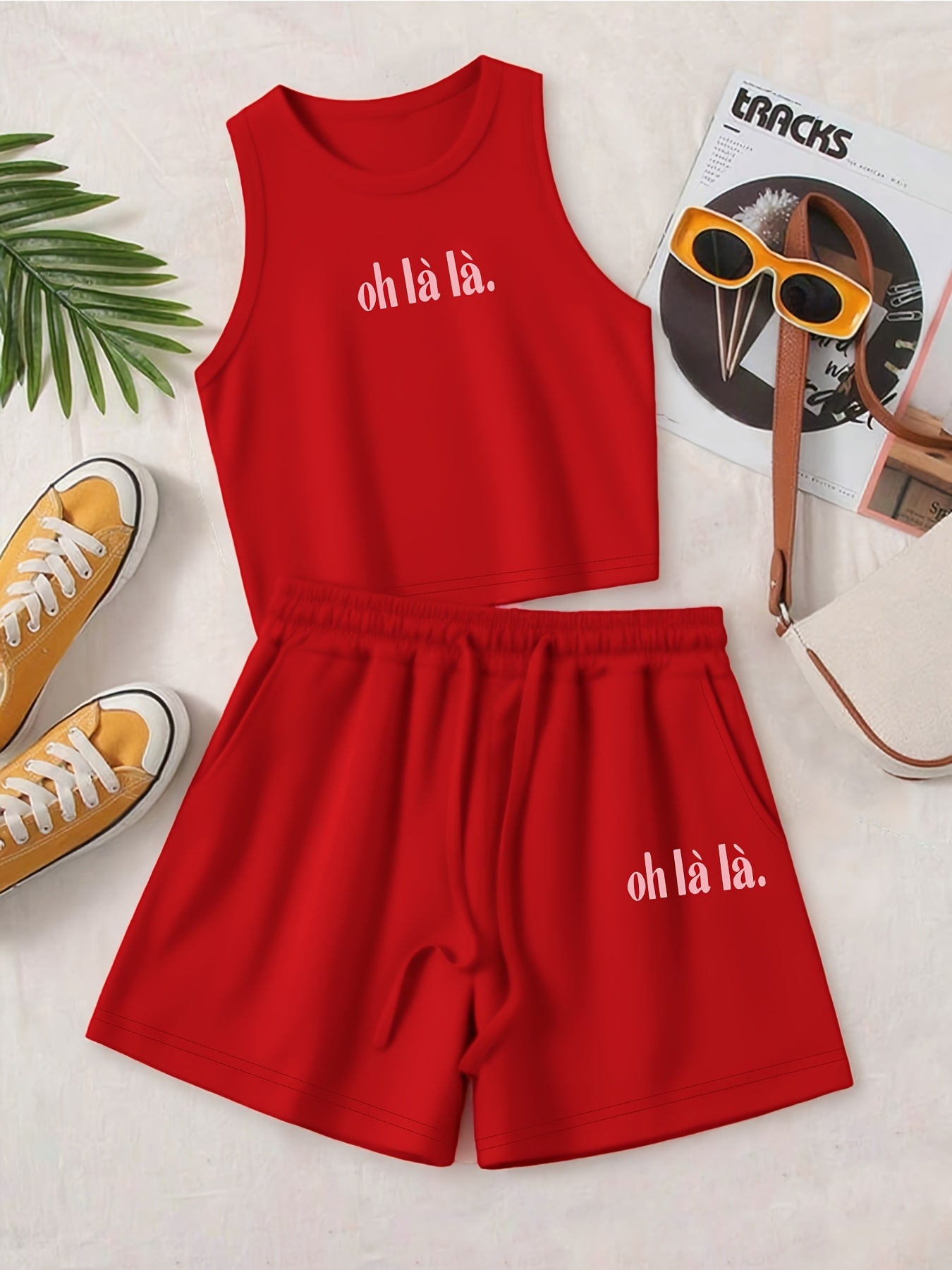 Women's Casual Two-Piece Set with English Print and Wide Leg Pants