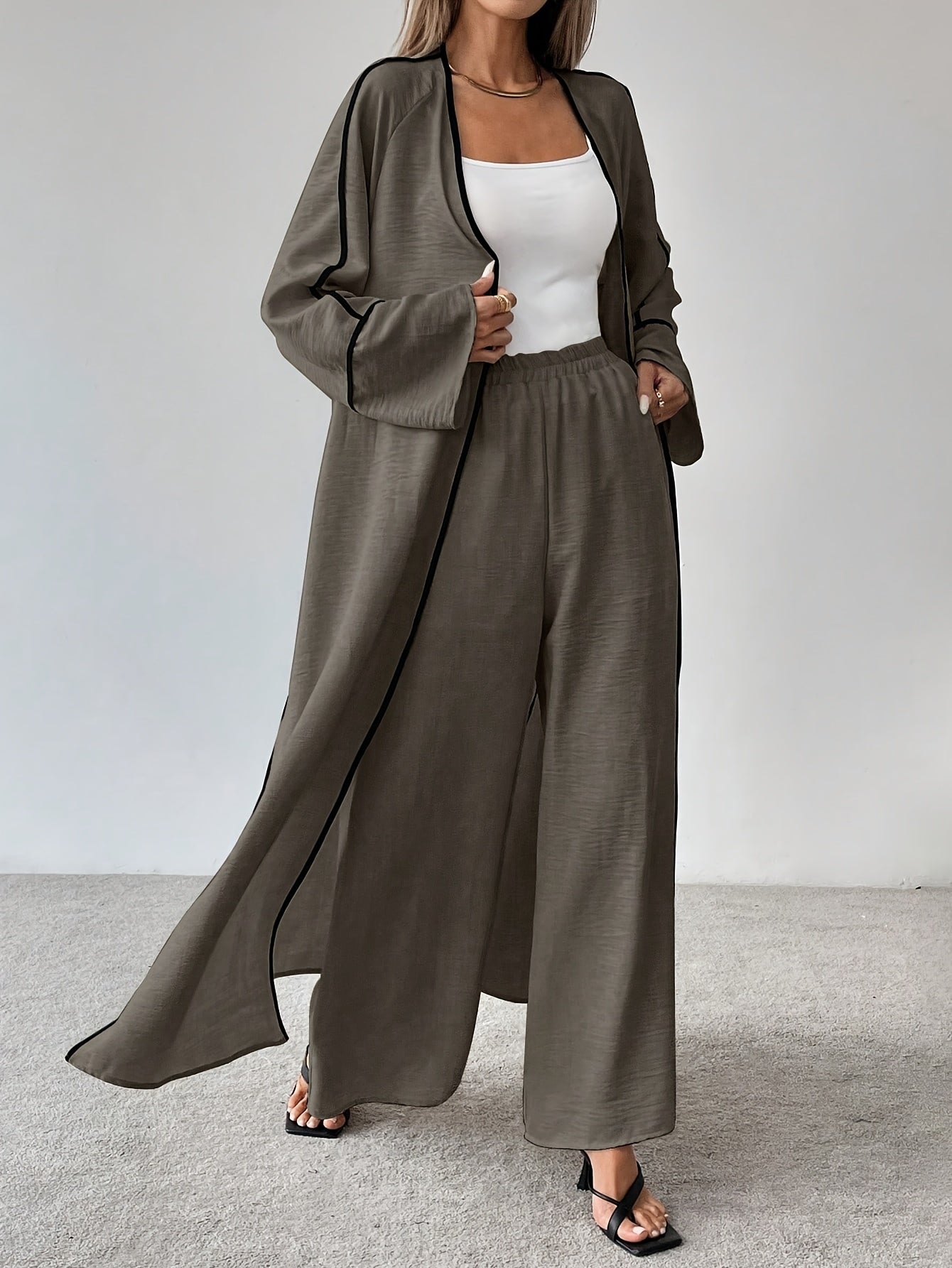 Women'S Elegant Fashion Work Casual Two-Piece Set - Long Sleeve Cardigan with Color Block Detail and Wide-Leg Pants, Loose Fit, All-Season Wear, Stylish Work Attire|Casual Style|Color Block Detail