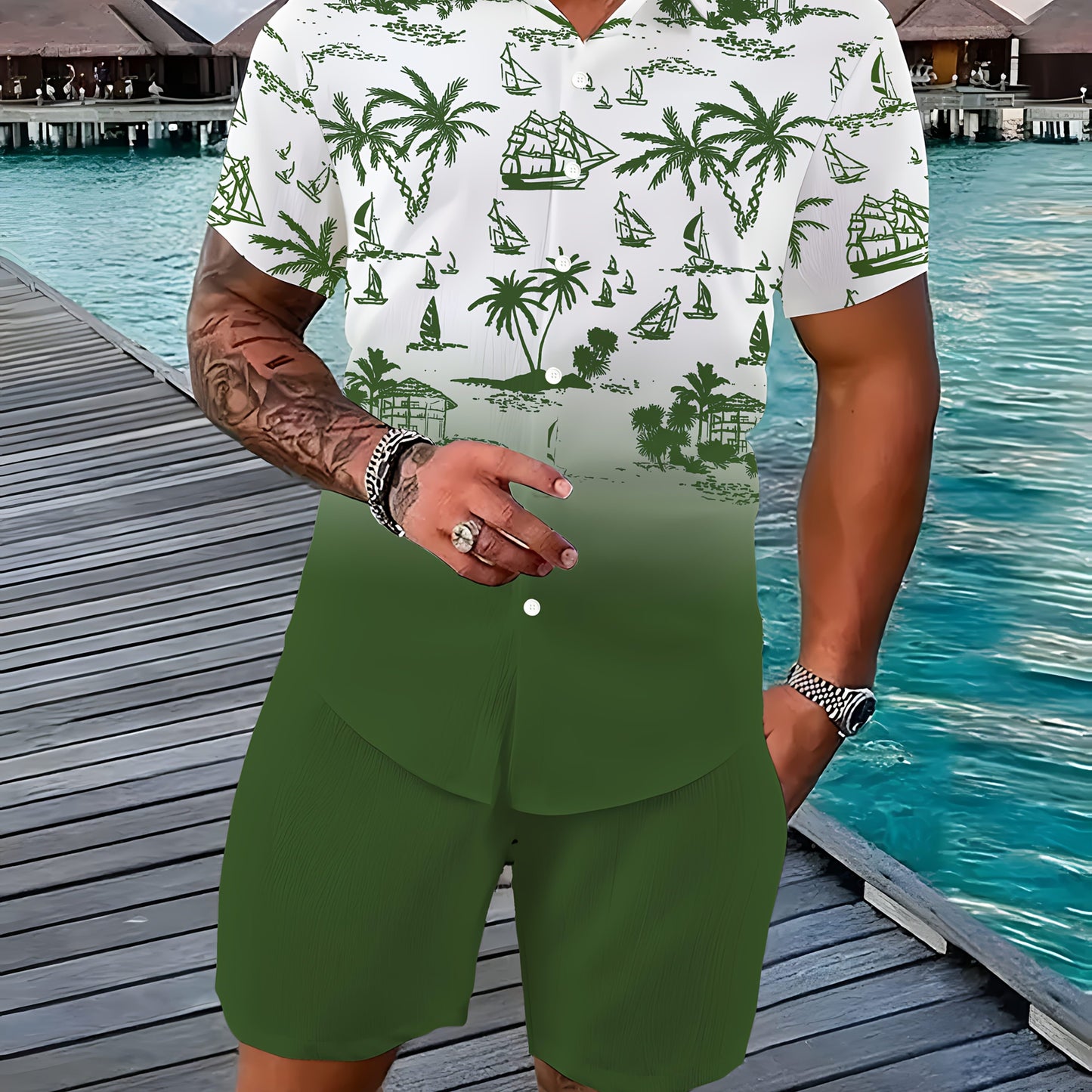 Men's 3D Printed Lapel Casual Shirt and Shorts Set