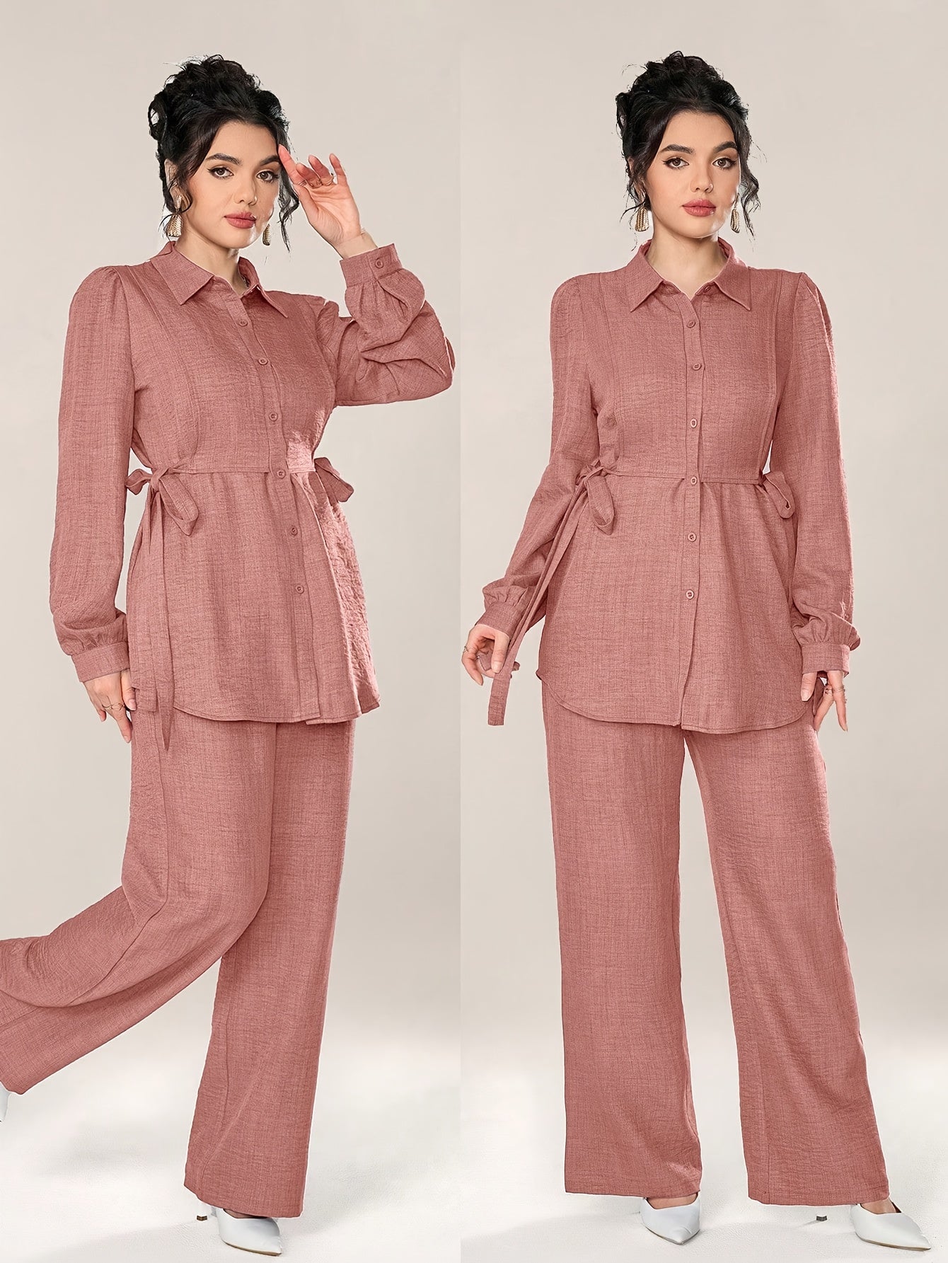 Stylish and Elegant Casual Two-Piece Women's Outfit with Side Tie Single-Breasted Shirt and Wide-Leg Pants for Office Wear