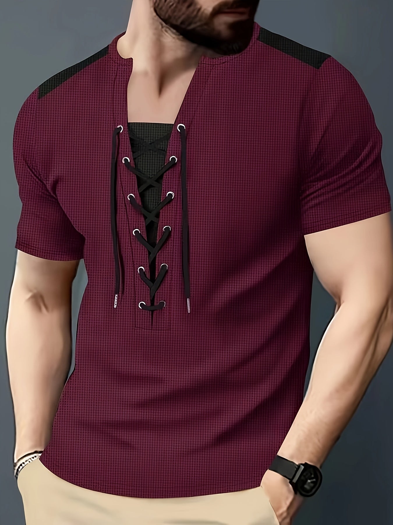 Men'S Casual Waffle Knit Short Sleeve T-Shirt with Drawstring Detail - Maroon Black, Round Neck, Breathable Polyester Fabric for Summer Outings, Casual Weekend Wear Round Neck Tee Stylish Contrast Stitchin